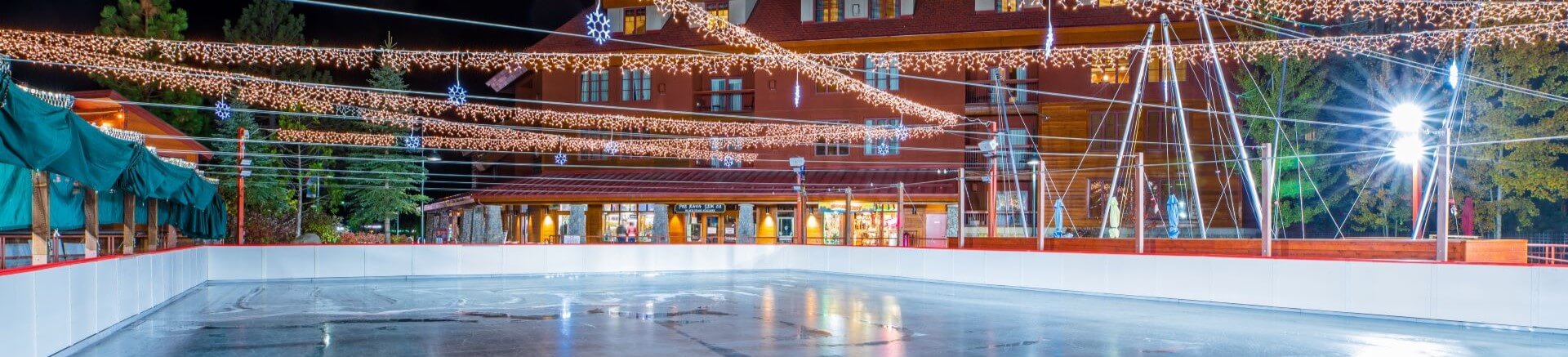 Festively lit ice rink at Marriott Grand Residence Club in Lake Tahoe during winter